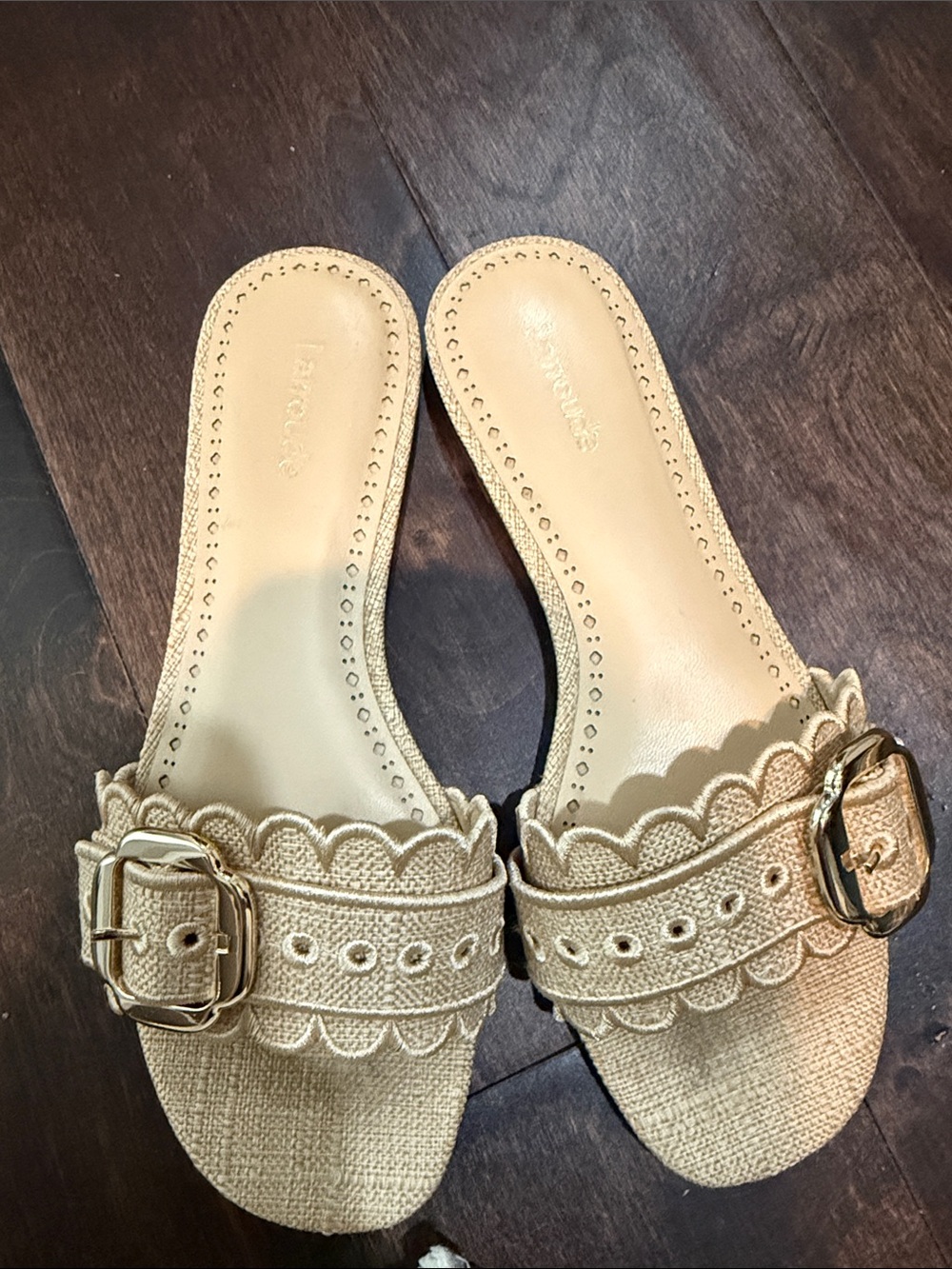 Larroude Beige Scalloped Buckle Slide Mules